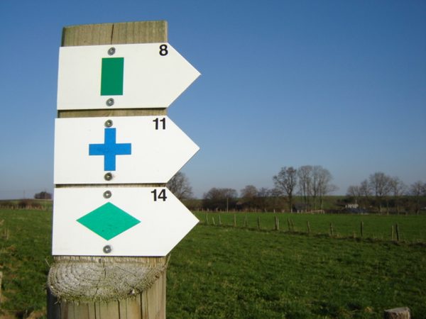 Wegwijzer met de gemarkeerde wandel- en mountainbikeroutes.