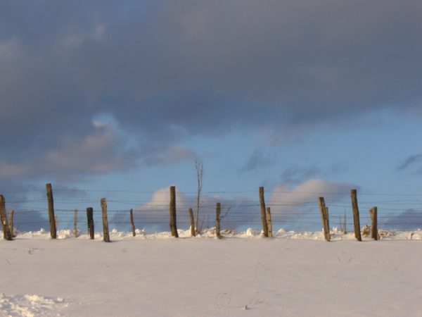 De stenen zuilen van het monument onder een winterlucht.