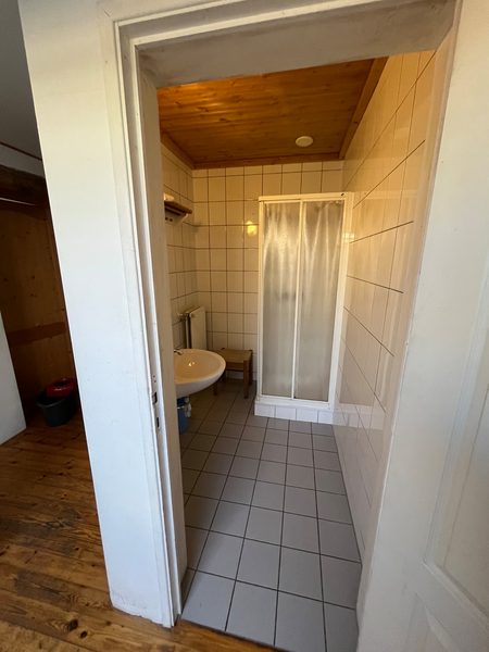 Doorkijk naar de doucheruimte met toilet.